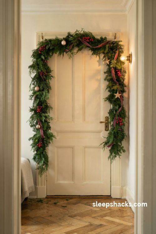 Christmas garland draped around a doorway with lush evergreen branches red berries velvet ribbon and cozy traditional foyer decor