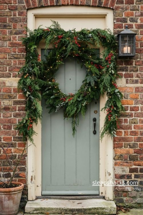Christmas garland framing the front door with cedar pine branches red berries and warm white lights