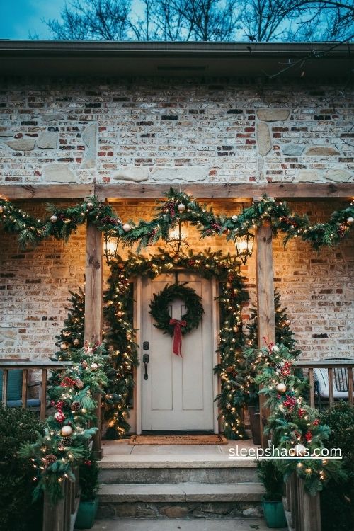 Christmas garland wrapped around a front porch railing with warm lights and red berries