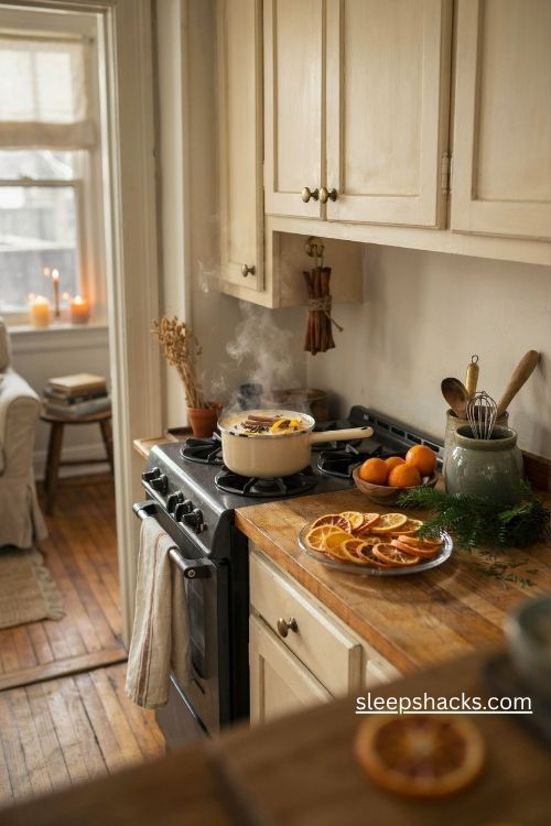 Christmas home fragrance ideas with simmering oranges cinnamon sticks cloves and cozy natural decor