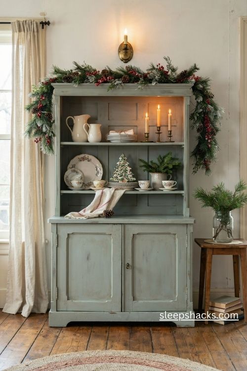 Christmas hutch decorating ideas with frosted pine garland and red berries