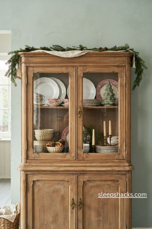 Christmas hutch decorating ideas with vintage dishes and natural greenery