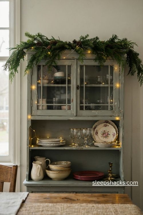 Christmas hutch decorating ideas with warm white fairy lights and vintage china