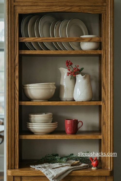 Christmas hutch decorating ideas with white ironstone and red accents