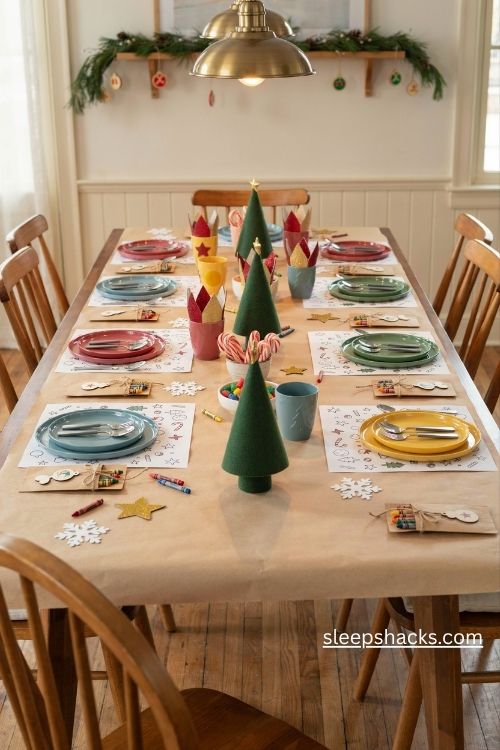 Christmas kids table setup with kraft paper coloring mats colorful unbreakable plates and festive craft kits