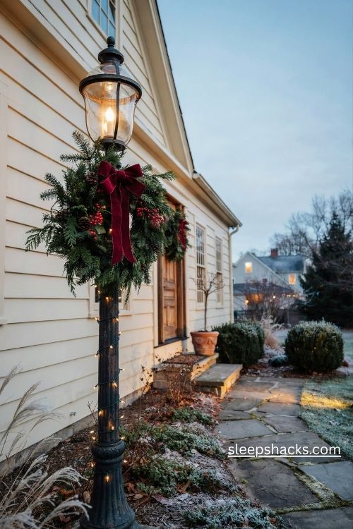 Christmas lamp post decorated with evergreen swag red ribbon bow and warm white lights