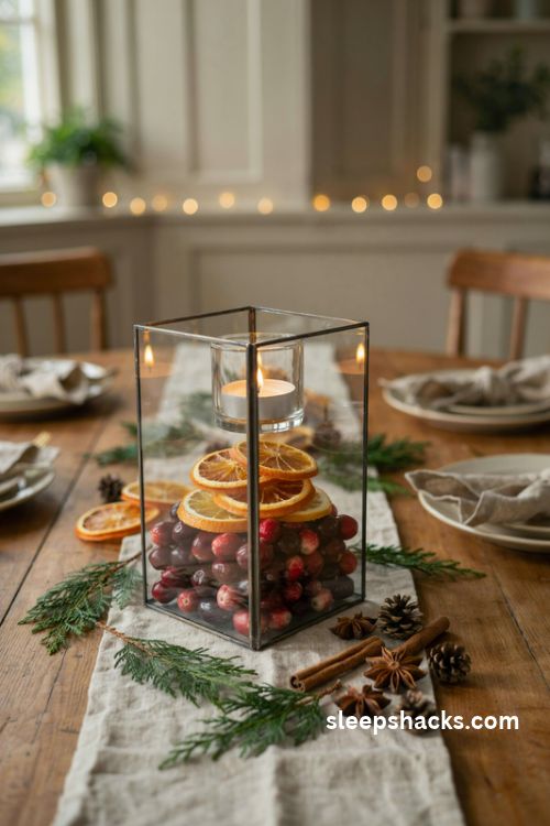 Christmas lantern centerpiece filled with fresh cranberries orange slices and candlelight
