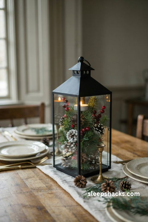 Christmas lantern centerpiece filled with pine greenery frosted pinecones and red berries