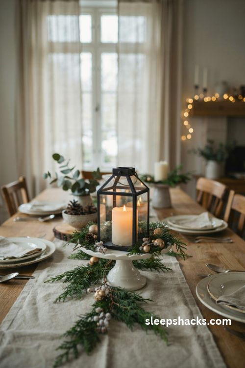 Christmas lantern centerpiece raised on a white cake stand with evergreen greenery