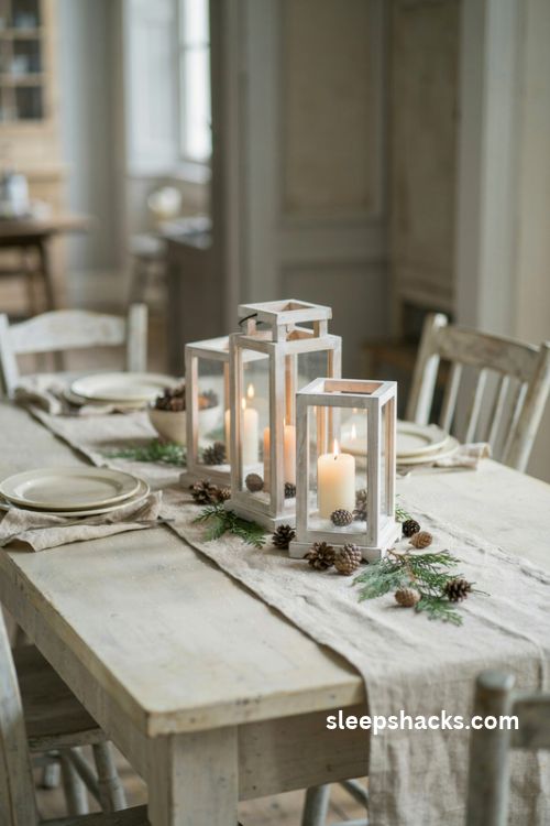 Christmas lantern centerpiece trio in graduated heights with candles and evergreen greenery