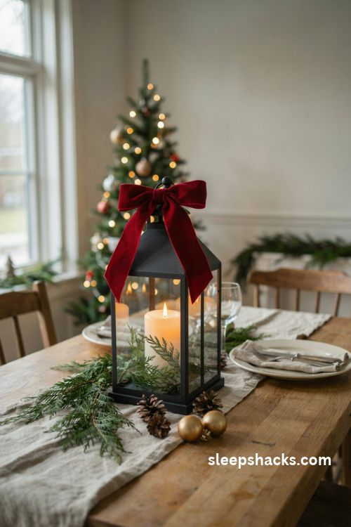 Christmas lantern centerpiece with a red velvet bow white candle and evergreen sprigs
