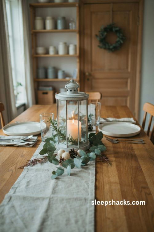 Christmas lantern centerpiece with fresh rosemary eucalyptus and a warm ivory candle
