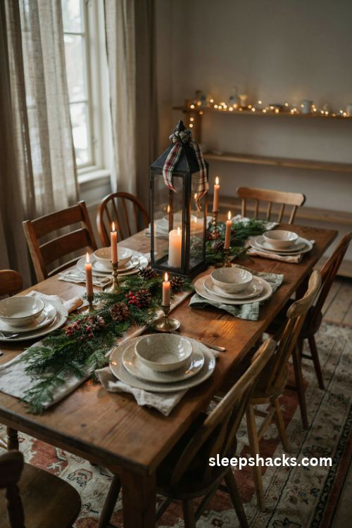 Christmas lantern centerpieces with glowing candles and rustic farmhouse greenery