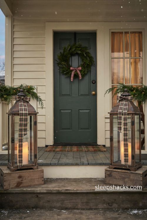 Christmas lantern ideas with matching plaid ribbon lanterns beside a farmhouse front door 