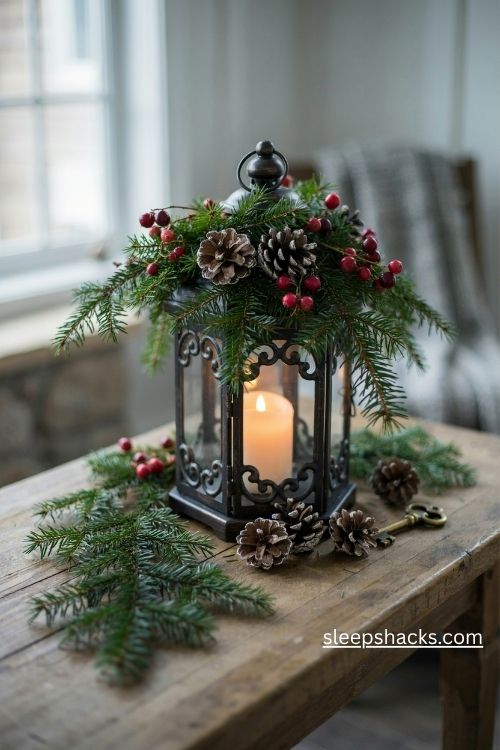 Christmas lantern ideas with pinecones fresh greenery and red berries