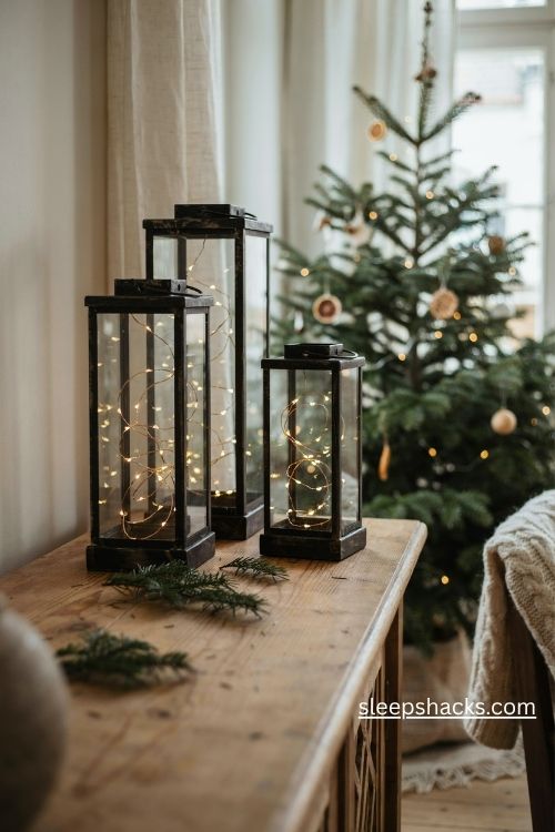 Christmas lantern ideas with warm white twinkle lights in glass lanterns