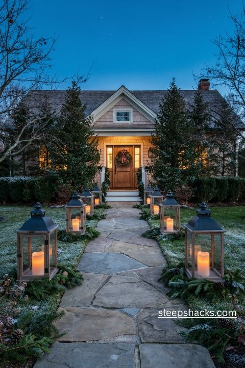 Christmas lantern lined walkway with warm flameless candles evergreen sprigs and a cozy farmhouse entrance