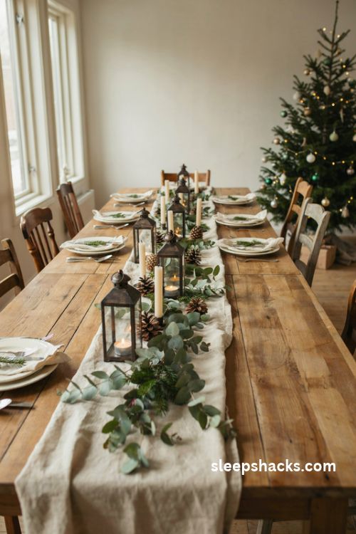 Christmas lantern runner with seven glowing mini lanterns and fresh evergreen garland