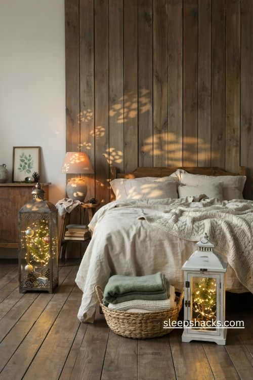 Christmas lanterns filled with warm twinkle lights and evergreen sprigs creating a peaceful cozy bedroom glow