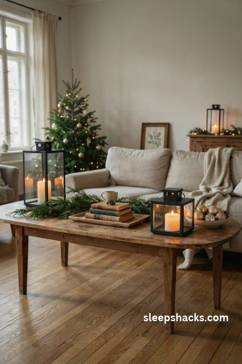 Christmas lanterns on a cozy farmhouse coffee table with evergreen garland and vintage decor