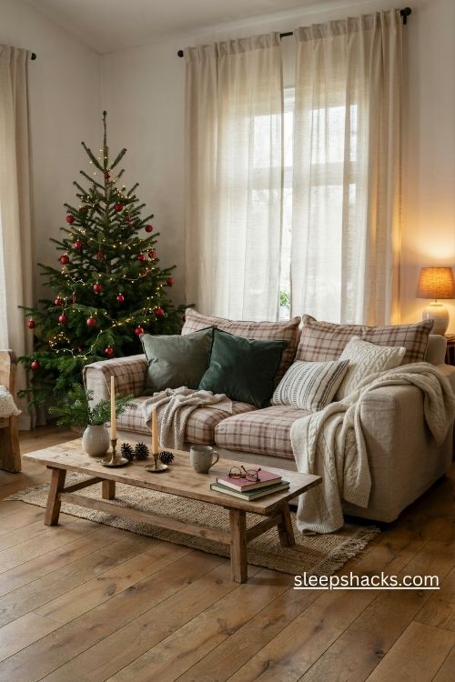 Christmas living room decor with red plaid pillows green velvet cushions and cozy knit throws