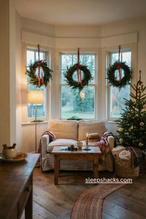 Christmas living room with small wreaths hanging in windows with ribbon