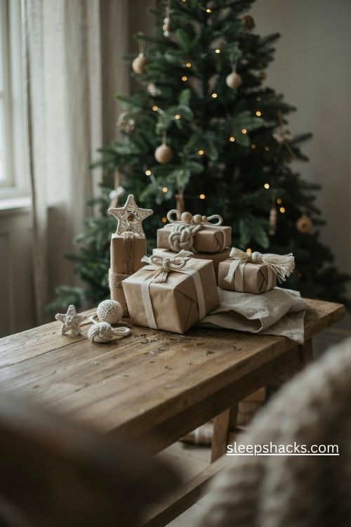 Christmas macrame gift toppers with tiny cotton bows stars and tassels on kraft paper wrapped presents