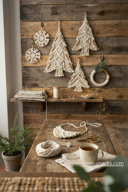 Christmas macrame ideas with handmade cotton cord ornaments in a cozy cottage craft corner