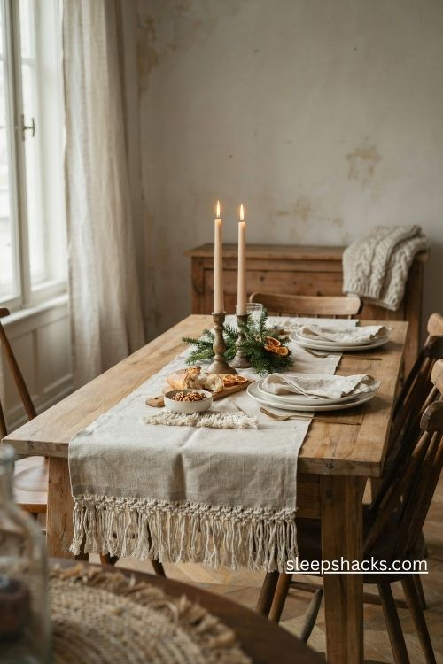 Christmas macrame table runner with knotted cotton fringe white dishes and rustic wooden candlesticks