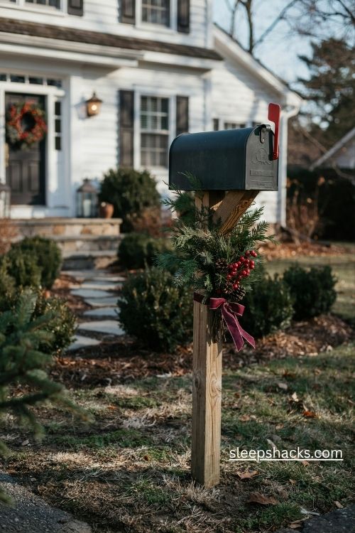 Christmas mailbox decorated with pine greenery red berries and a festive ribbon bow