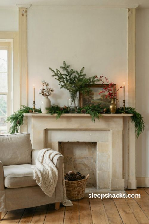 Christmas mantel decor with three mixed vases pine branches cotton stems and red berries