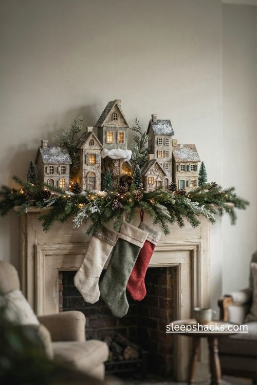 Christmas mantel village with snowy miniature houses and lush evergreen garland