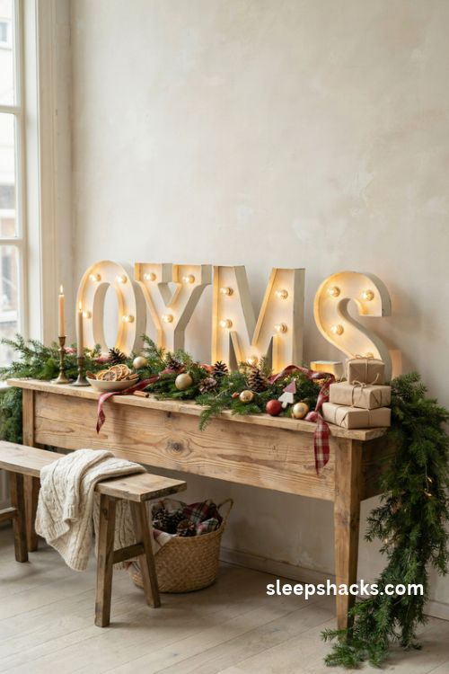Christmas marquee letter backdrop with warm glowing bulbs evergreen garland and rustic wood decor