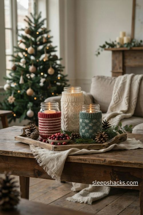 Christmas mason jar candles with cozy knitted sock sleeves and rustic pinecone decor