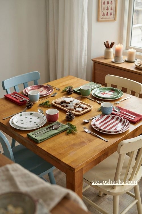 Christmas melamine plates for kids with reindeer snowmen matching bowls and festive table decor