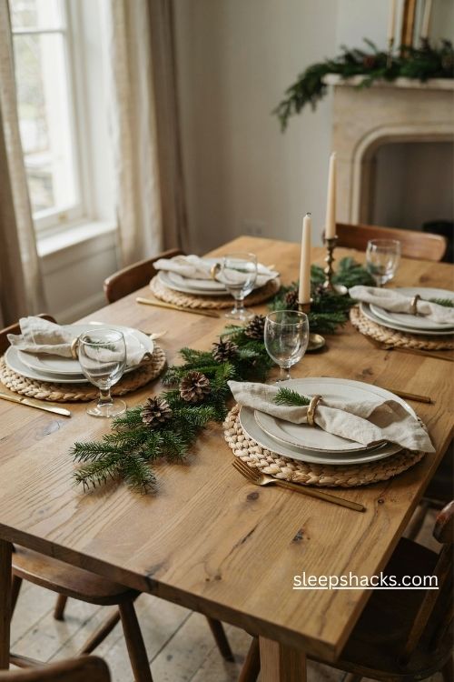 Christmas napkin rings and folded linen napkins with fir sprigs and rustic holiday table decor