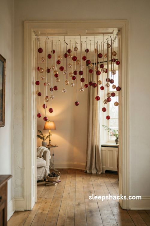Christmas ornament cascade arch with red gold and cream baubles hanging at varied heights