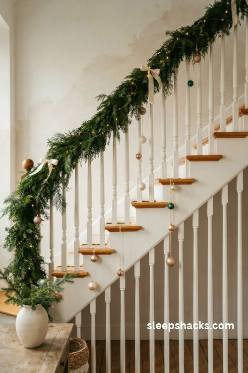 Christmas ornaments hanging between staircase spindles in cream gold and green with evergreen garland and warm fairy lights
