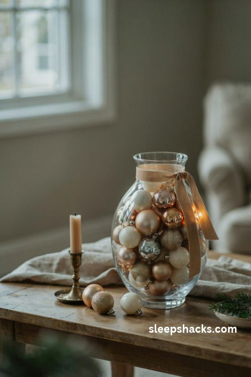 Christmas ornaments in a clear glass vase with gold baubles and velvet ribbon
