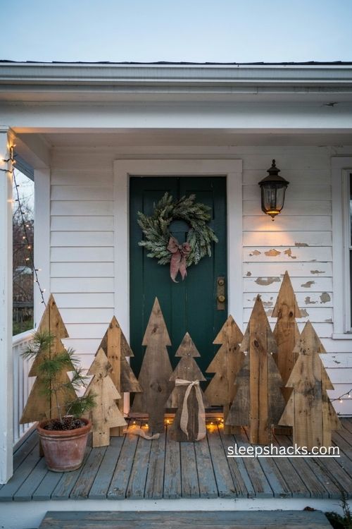 Christmas pallet ideas for a rustic farmhouse porch with handmade wooden trees and warm white lights