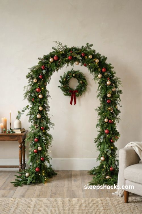 Christmas party arch backdrop with lush evergreen garland red and gold ornaments and warm lights