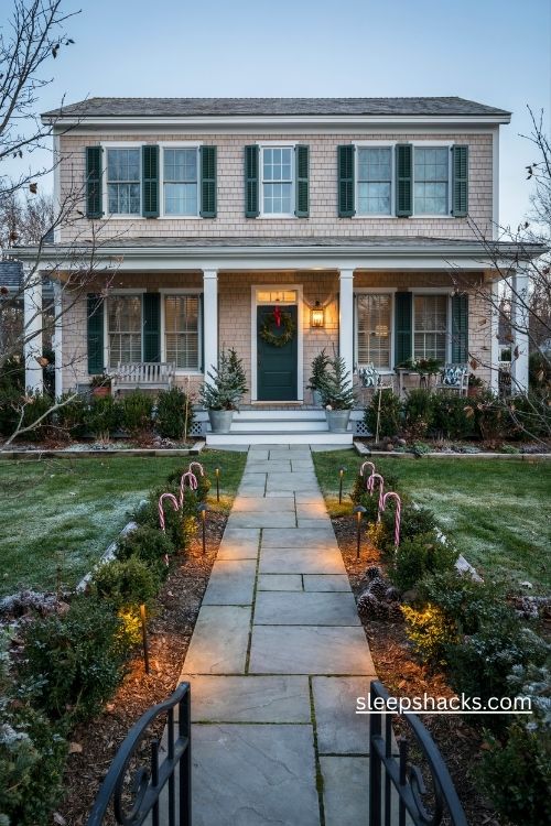 Christmas pathway lights and red and white candy cane markers along a welcoming front walkway