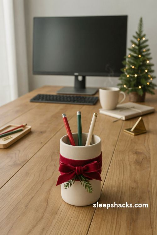 Christmas pen holder decorated with red velvet ribbon and evergreen sprigs on a cozy desk
