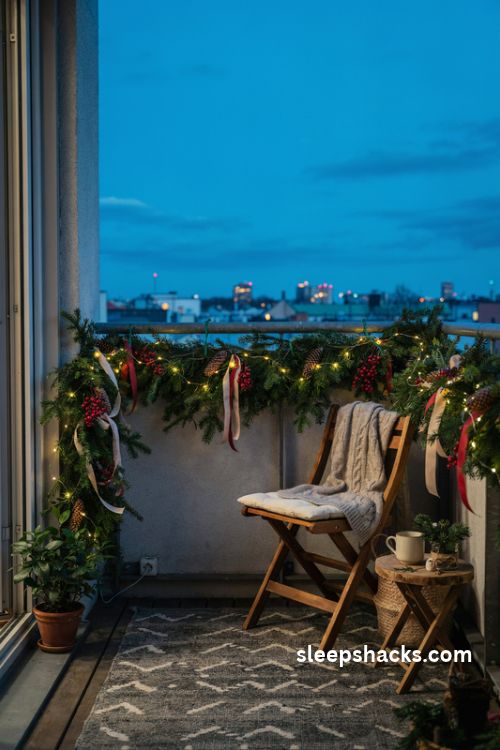 Christmas pine garland with warm fairy lights and red berries along a balcony railing