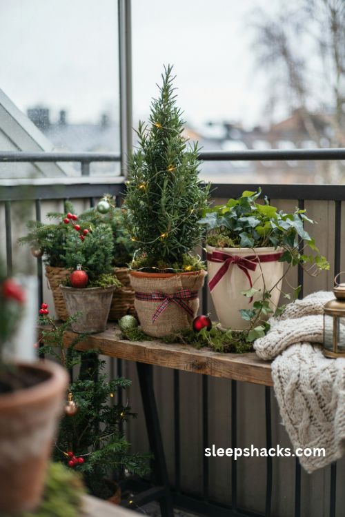 Christmas plant and pot makeover for a small balcony with burlap wrapped planters rosemary mini tree plaid ribbon moss and warm fairy lights