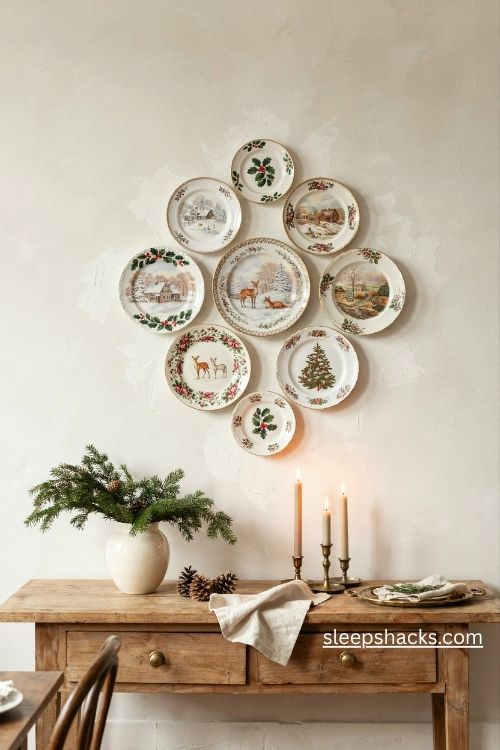 Christmas plate wall display with vintage red and green ceramic plates above a rustic farmhouse sideboard