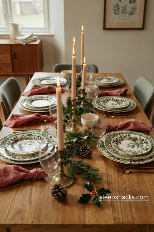Christmas plates with vintage holiday patterns and rustic farmhouse table settings