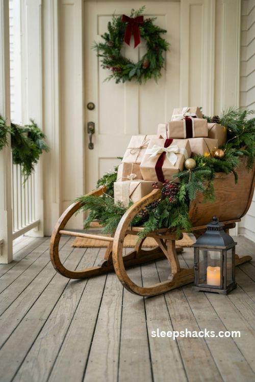 Christmas porch ideas with a vintage wooden sleigh filled with wrapped gifts and evergreen branches