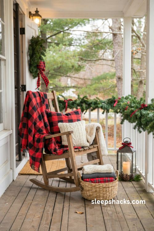 Christmas porch ideas with buffalo plaid blankets red and black pillows and cozy farmhouse decor