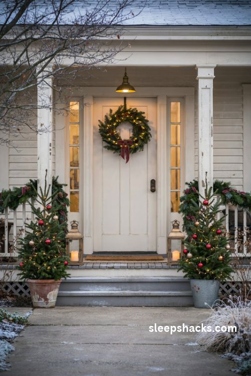 Christmas porch ideas with glowing wreaths, twinkling trees and warm farmhouse holiday decor